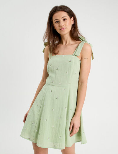 Robe chasuble trapèze brodée vert menthe femme