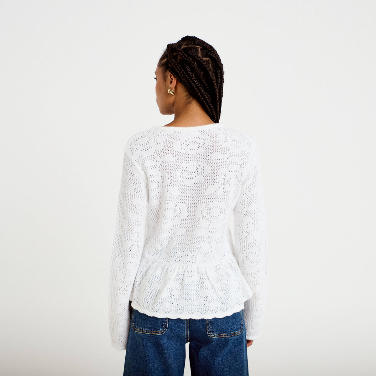 Pull ajour&eacute; p&eacute;plum manches longues ecru femme