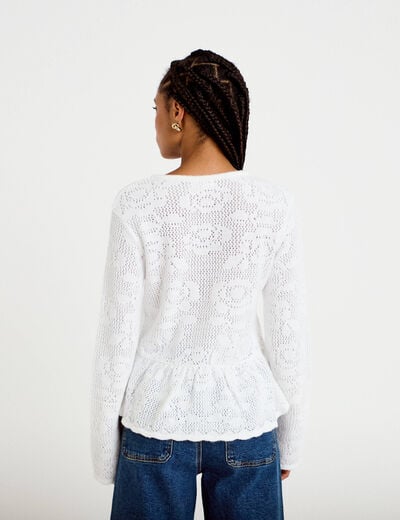Pull ajour&eacute; p&eacute;plum manches longues ecru femme