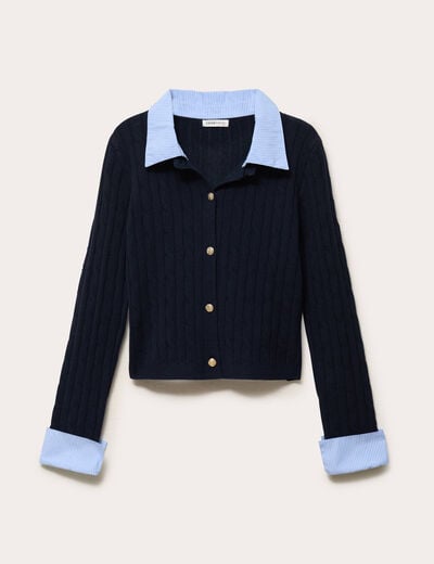 Gilet col chemise manches longues bleu marine femme