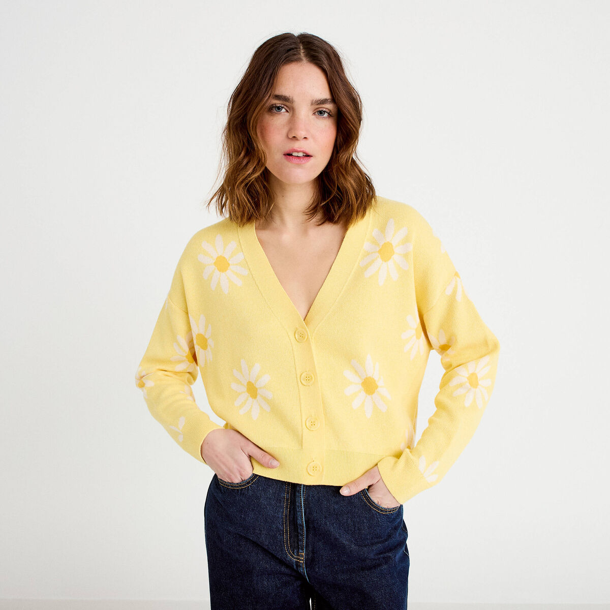 Gilet col v motif fleur jaune clair femme