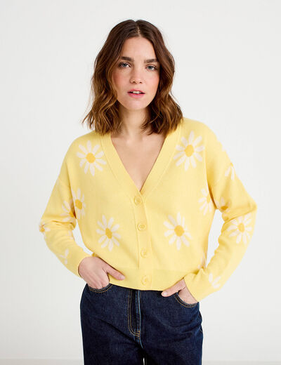 Gilet col v motif fleur jaune clair femme