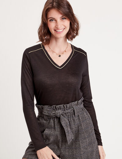 T-shirt col en V avec liserés noir femme