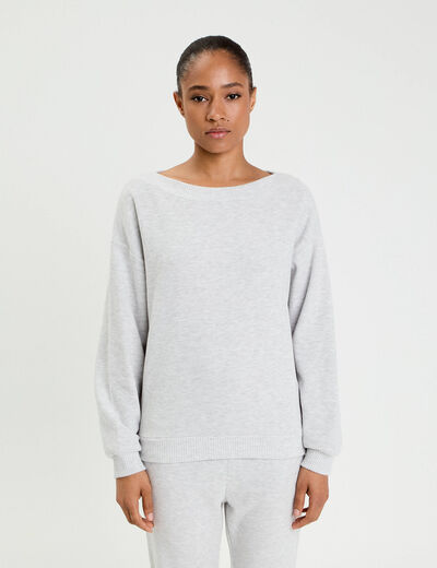 Sweat duveteux col rond manches longues gris clair femme