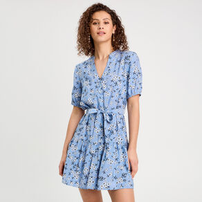 robe evasee ceinturee bleu gris femme Robe évasée ceinturée bleu gris femme