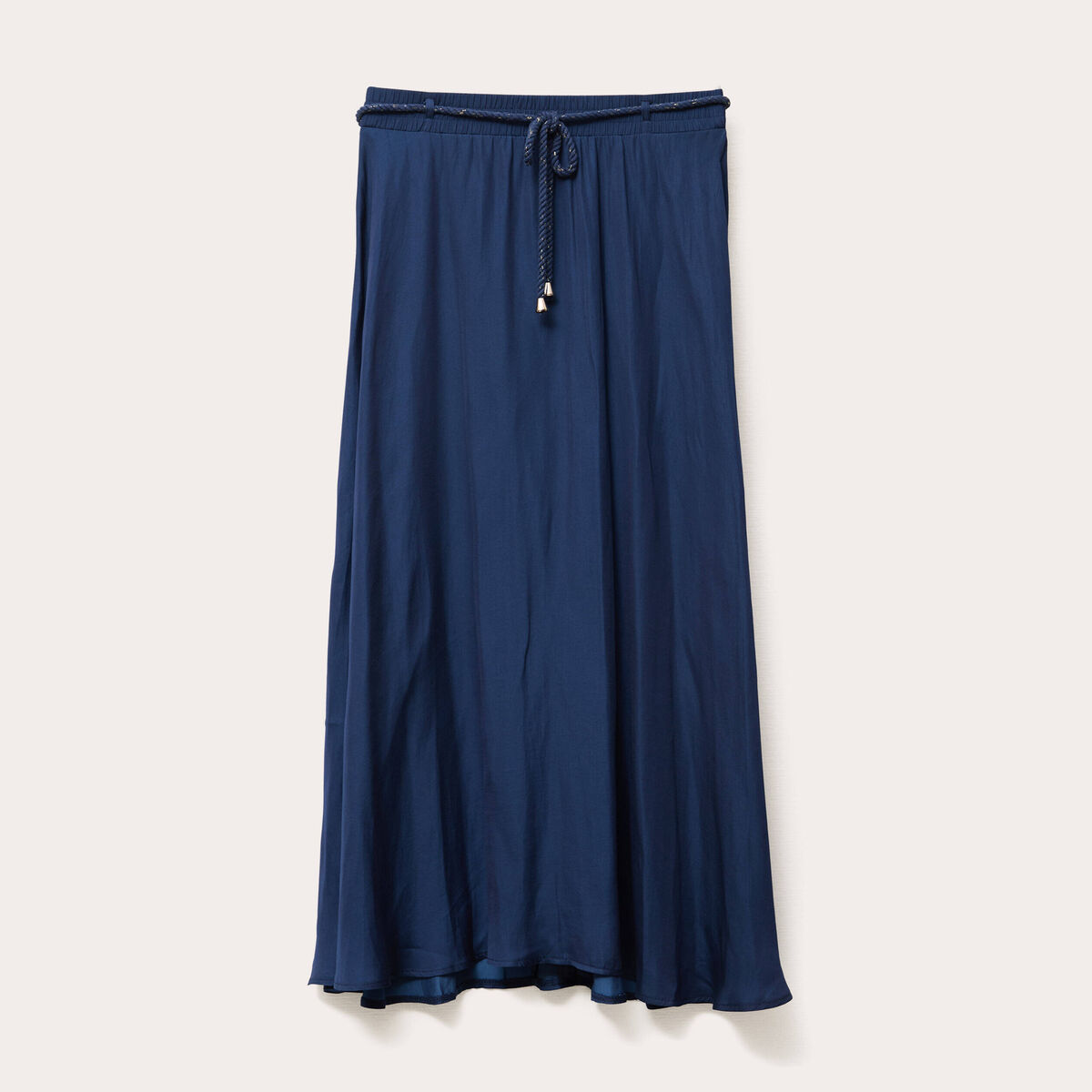 Jupe longue évasée satin bleu marine femme