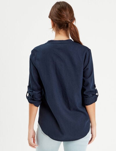 Chemise manches 3/4 contenant du lin bleu marine femme