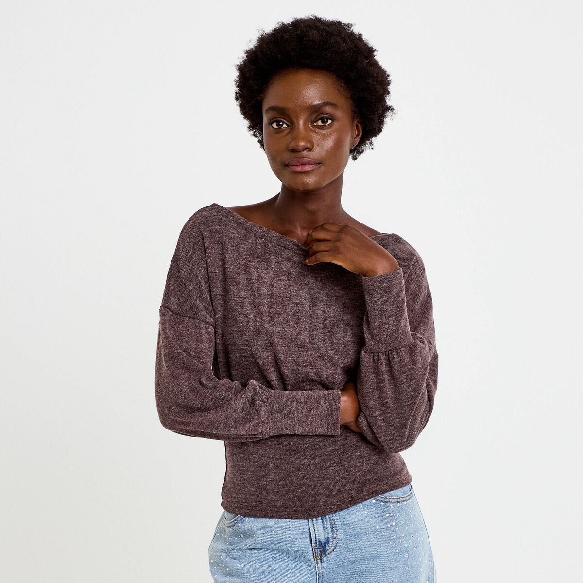 Pull col bateau manches longues marron fonc&eacute; femme