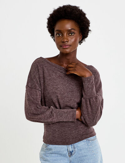 Pull col bateau manches longues marron fonc&eacute; femme