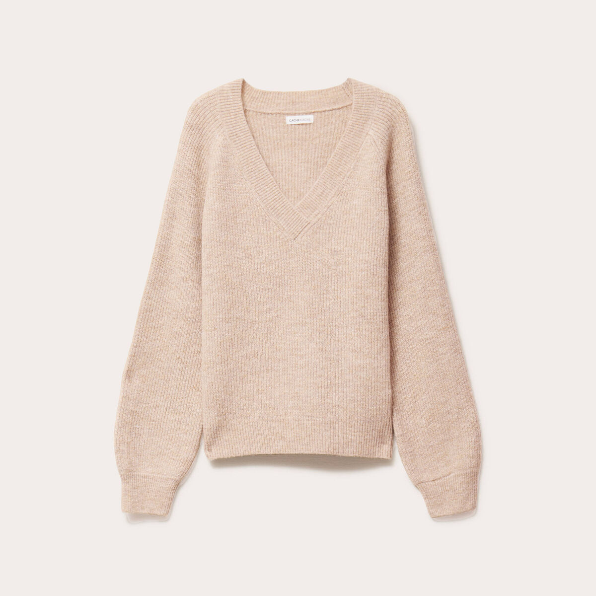Pull avec col en V beige femme