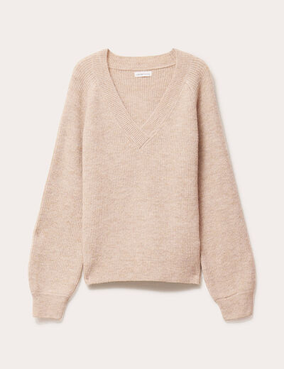 Pull avec col en V beige femme