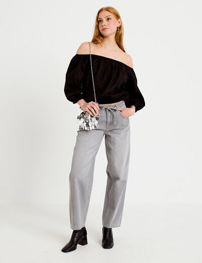 Blouse oversize col bardot manches 3/4 noir femme
