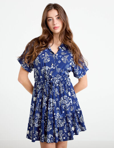 Robe courte &eacute;vas&eacute;e col chemise bleu marine femme
