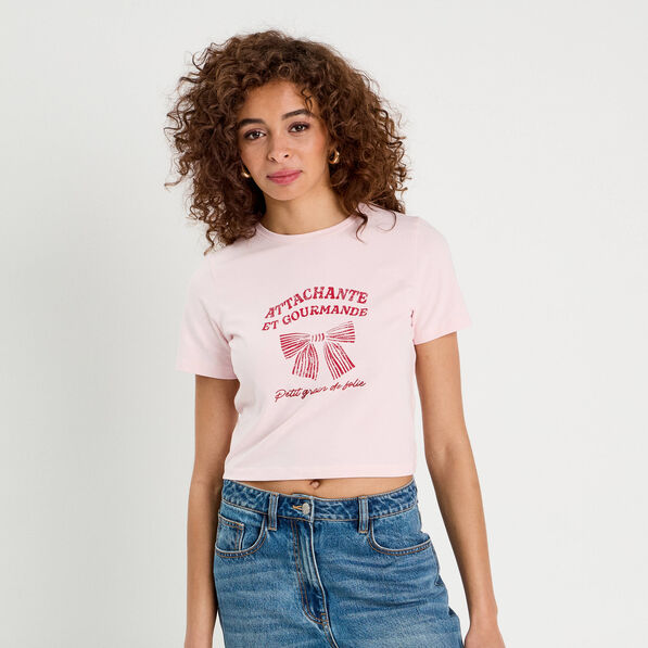 t shirt cropped rose clair femme T-shirt cropped rose clair femme