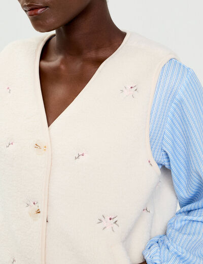 Gilet sans manches brod&eacute; effet polaire blanc femme