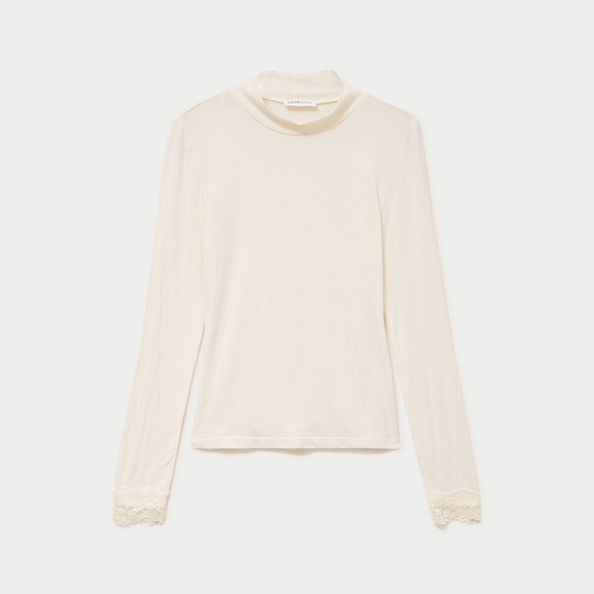 T-shirt ajust&eacute; col roul&eacute; dentelle ecru femme