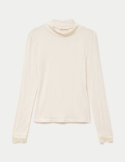 T-shirt ajust&eacute; col roul&eacute; dentelle ecru femme