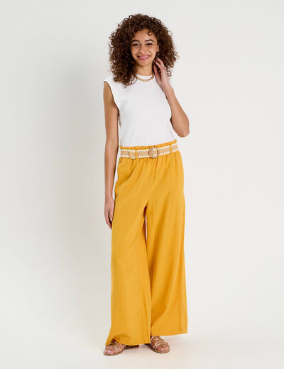 Pantalon large ceinturé contenant du lin jaune citron femme