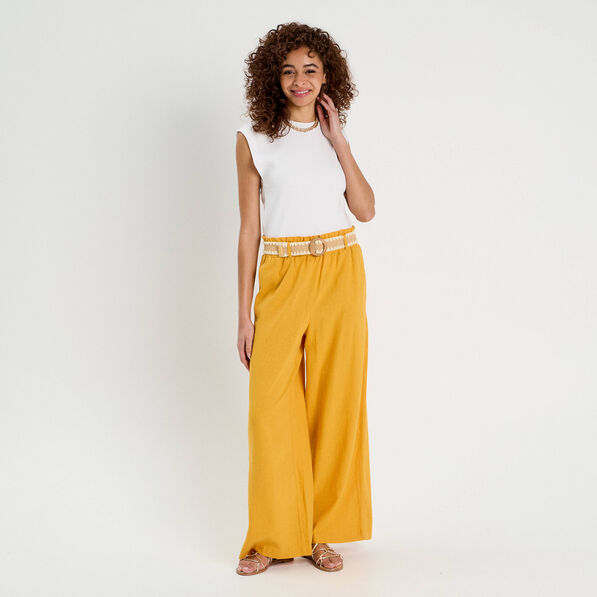 pantalon large ceinture contenant du lin jaune citron femme Pantalon large ceinturé contenant du lin jaune citron femme