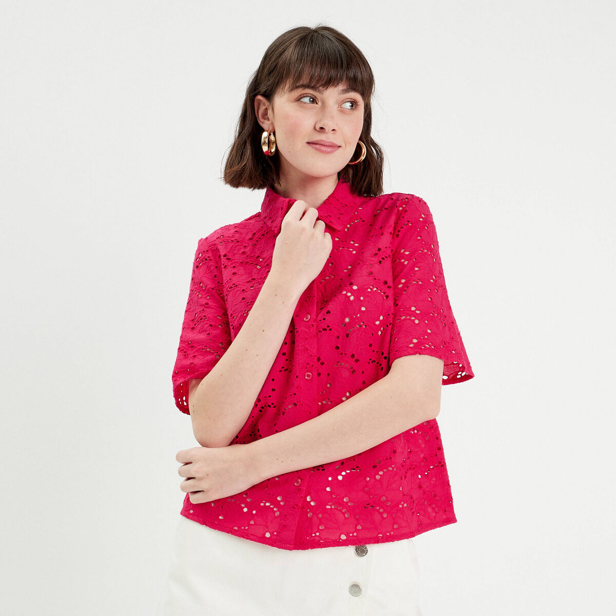 Chemise broderie anglaise rose fushia femme