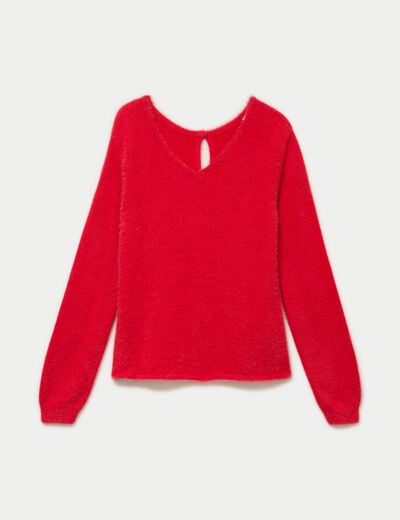 Pull col v manches longues perles rouge femme