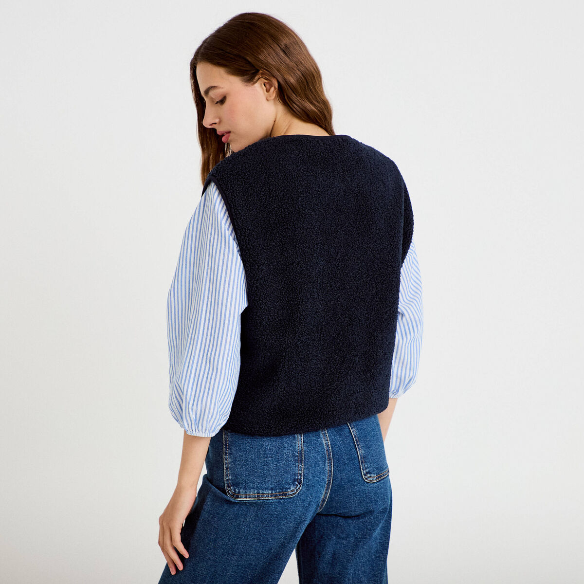Gilet sans manches fausse fourrure bleu marine femme
