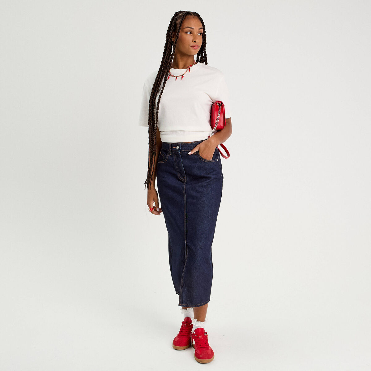 Jupe midi droite en jean denim brut femme