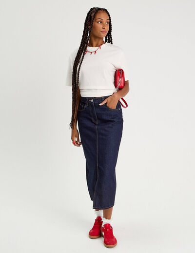 Jupe midi droite en jean denim brut femme