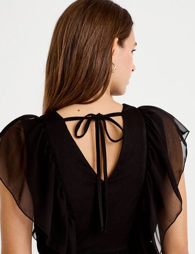 Blouse d&eacute;collet&eacute; voile manches courtes noir femme