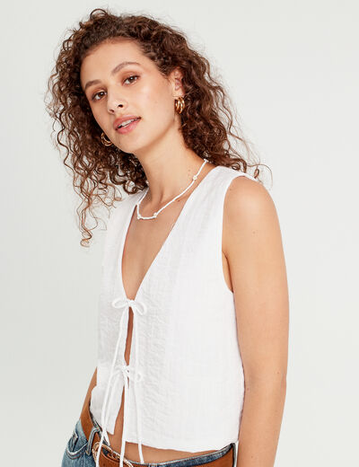 Gilet sans manches noué ecru femme