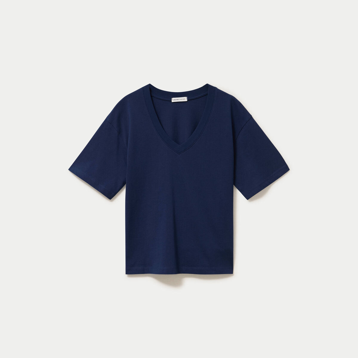 T-shirt col v manches courtes bleu fonc&eacute; femme