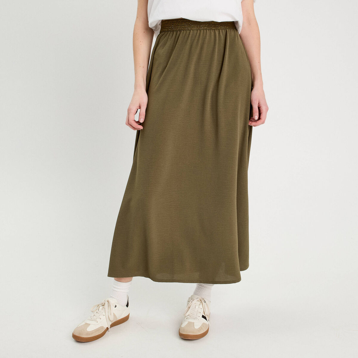 Jupe longue &eacute;vas&eacute;e fluide vert kaki femme