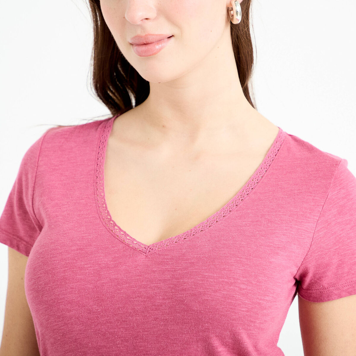 T-shirt col v manches courtes vieux rose femme