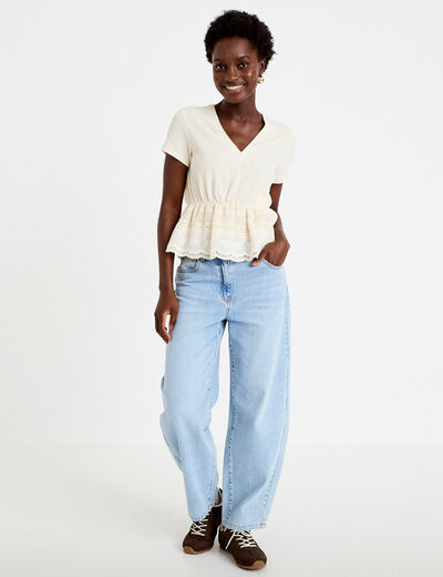 Blouse droite col v manches courtes ecru femme