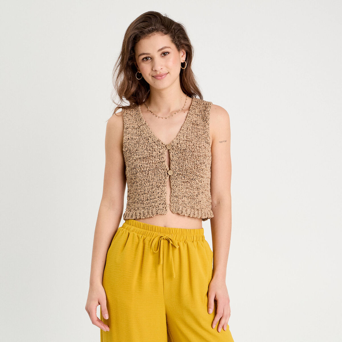 Gilet cropped sans manches beige femme