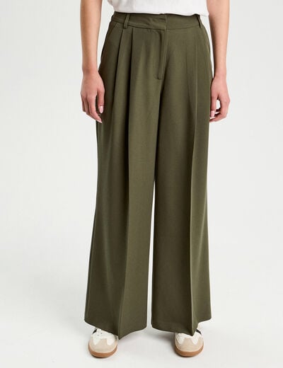 Pantalon large &agrave; pinces vert kaki femme
