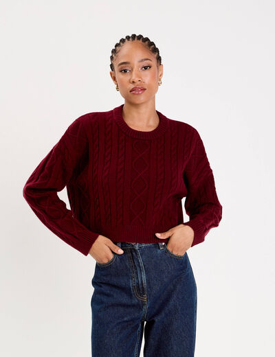 Pull avec torsades rouge foncé femme