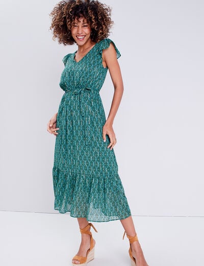 Robe longue évasée ceinturée vert femme