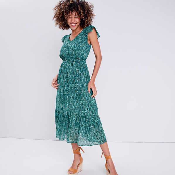 robe longue evasee ceinturee vert femme Robe longue évasée ceinturée vert femme