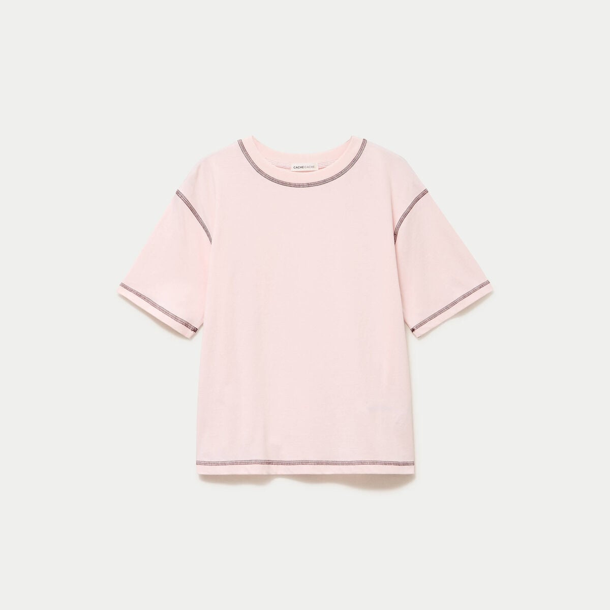 Top col rond manches courtes rose clair femme