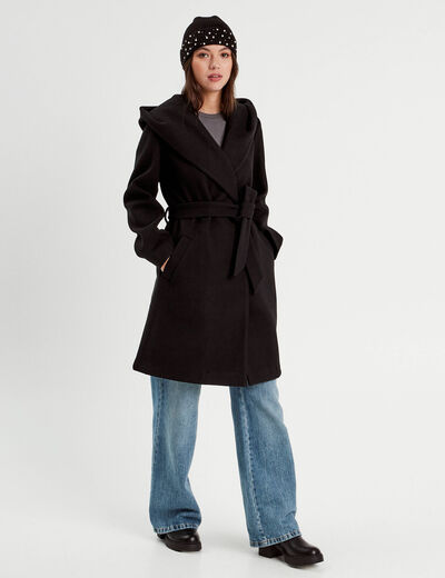 Manteau ceinturé à capuche noir femme