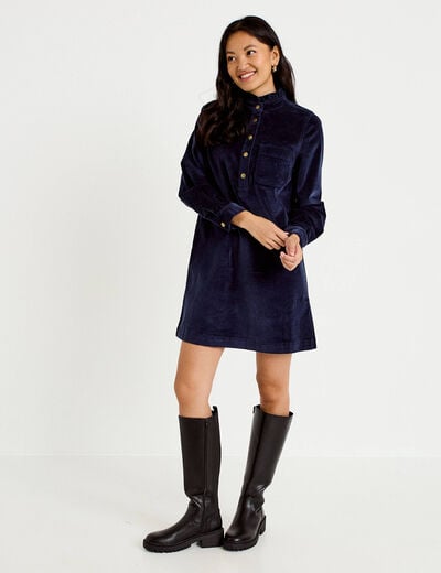 Robe droite velours col montant bleu marine femme