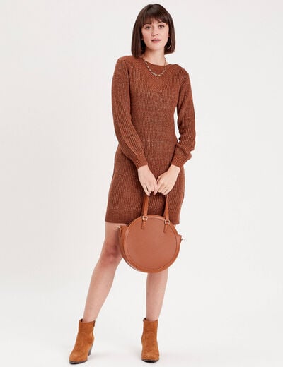 Robe pull droite col rond marron femme