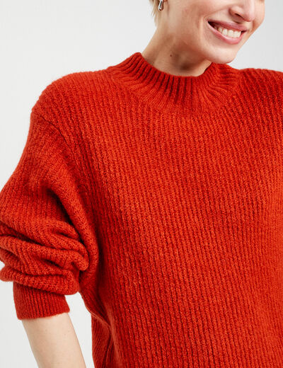 Pull col montant marron cognac femme