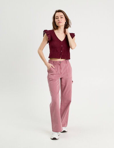 T-shirt manches volants prune femme