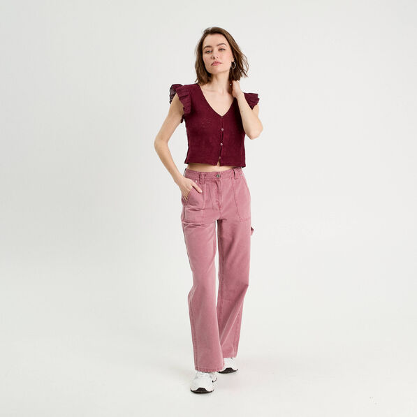 T-shirt manches volants prune femme