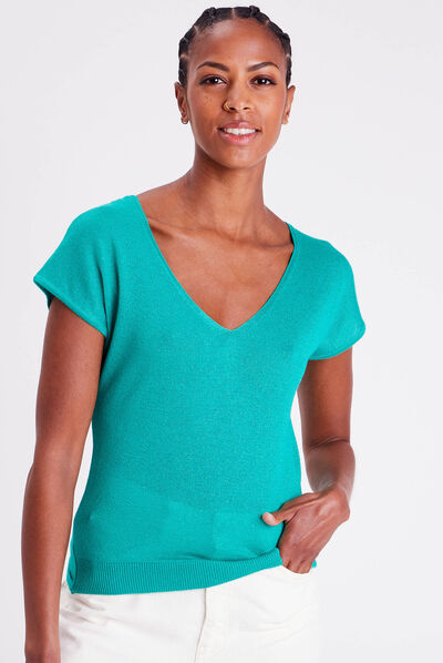Pull col en V dos ouvert vert femme