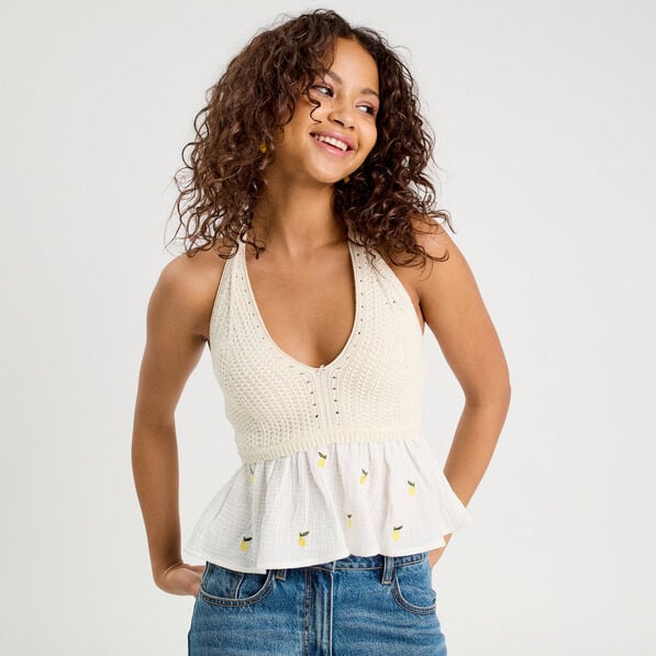 debardeur tricot brode ecru femme Débardeur tricot brodé ecru femme
