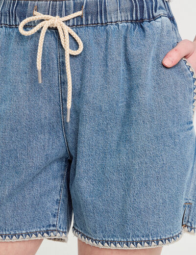 Short flare brodé en jean denim double stone femme