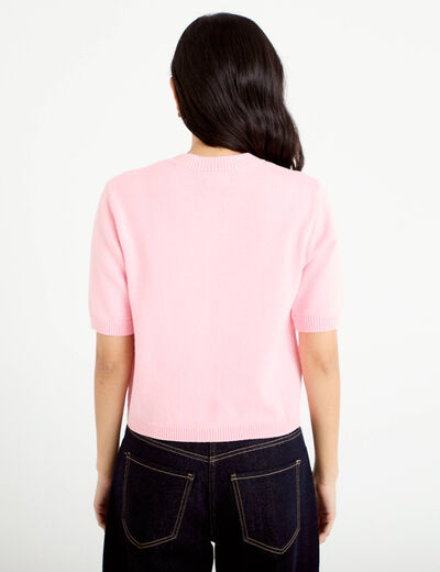 Gilet brod&eacute; manches courtes rose corail femme